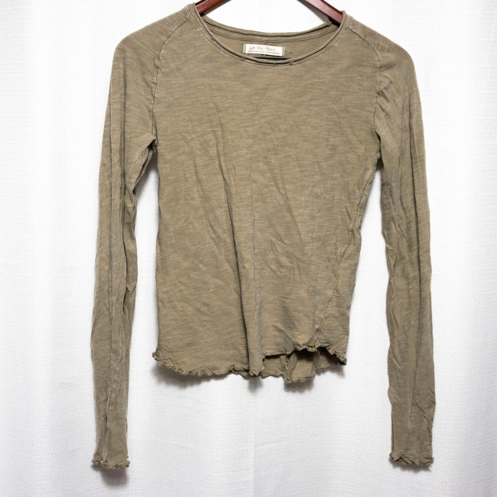 We The Free Distressed Long Sleeve Top Olive Boho Grunge Fitted Women's Medium